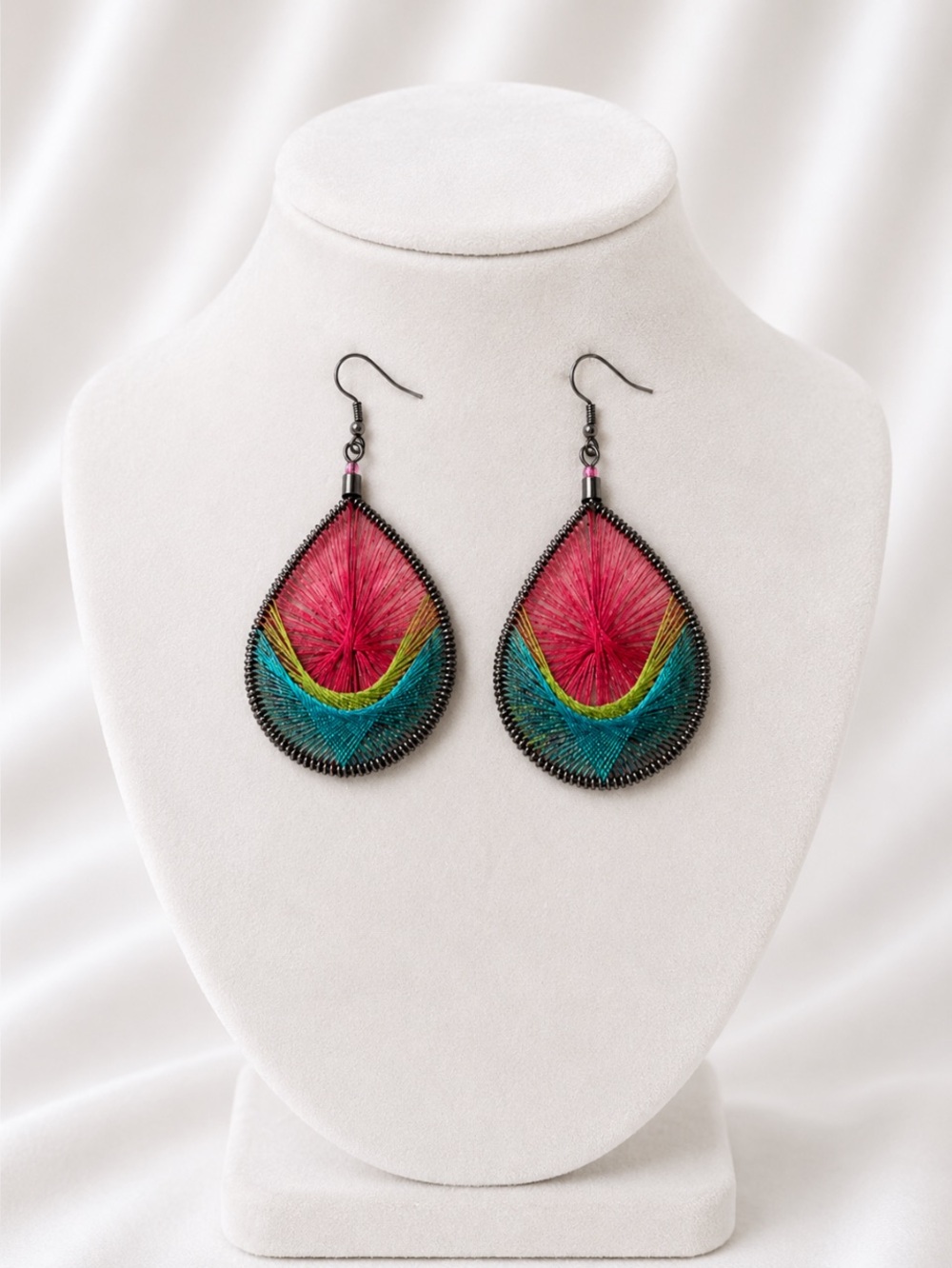 Peruvian Handmade Teardrop Earrings Vibrant String Art Design Pink, Green & Turq